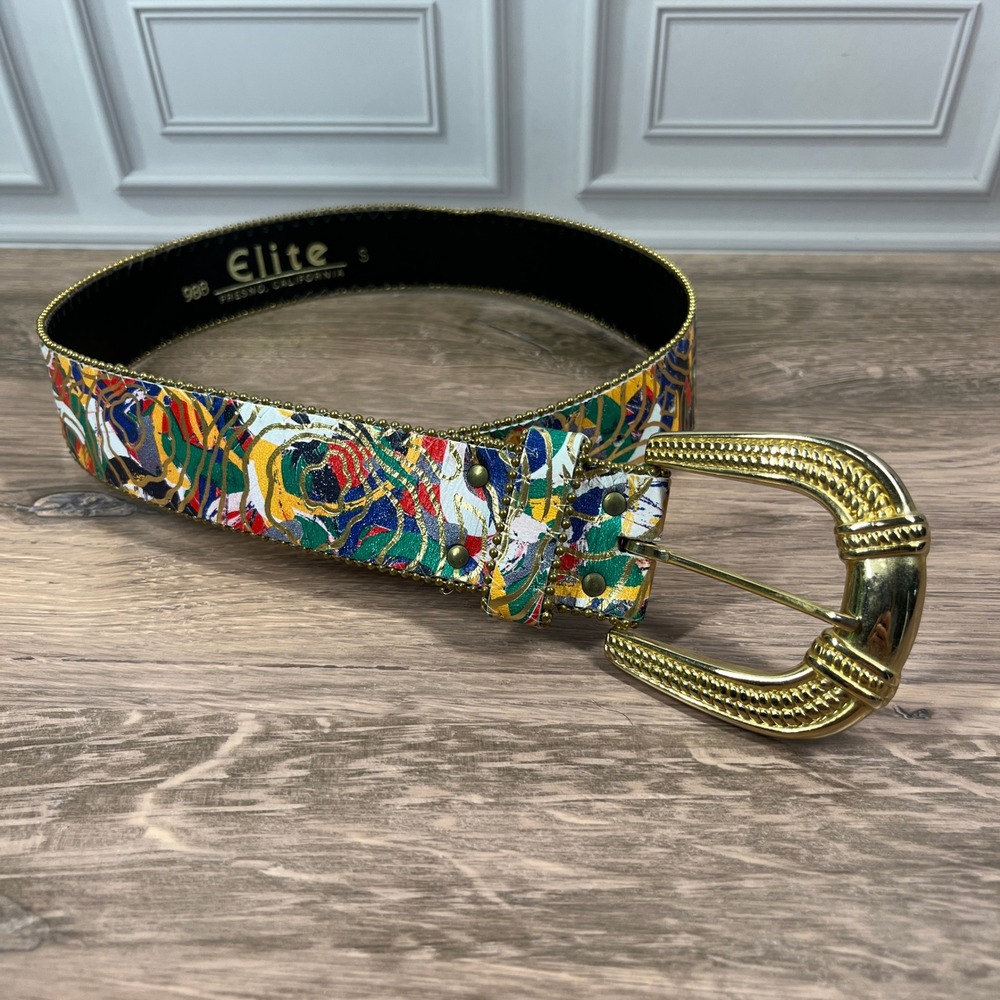 VTG Elite Fresno Belt Gold Beaded Abstract Splatter Western Gold Buckle 988 S